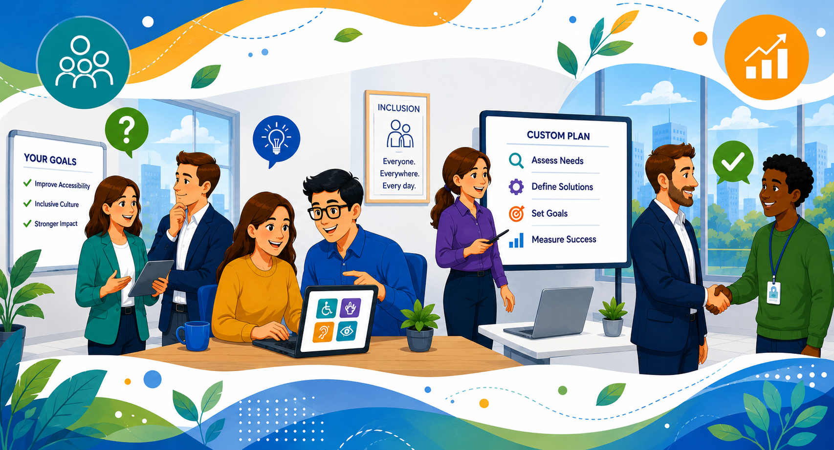 Illustration showing a collaborative process for planning, accessibility support, and inclusive solutions.