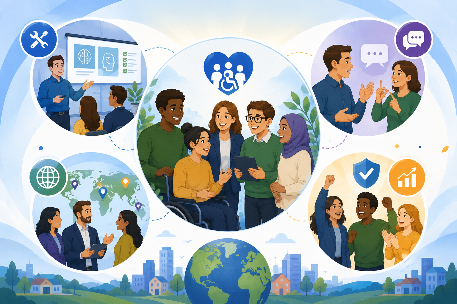 Illustration representing inclusive communication, training, global collaboration, and equal access for people with disabilities.