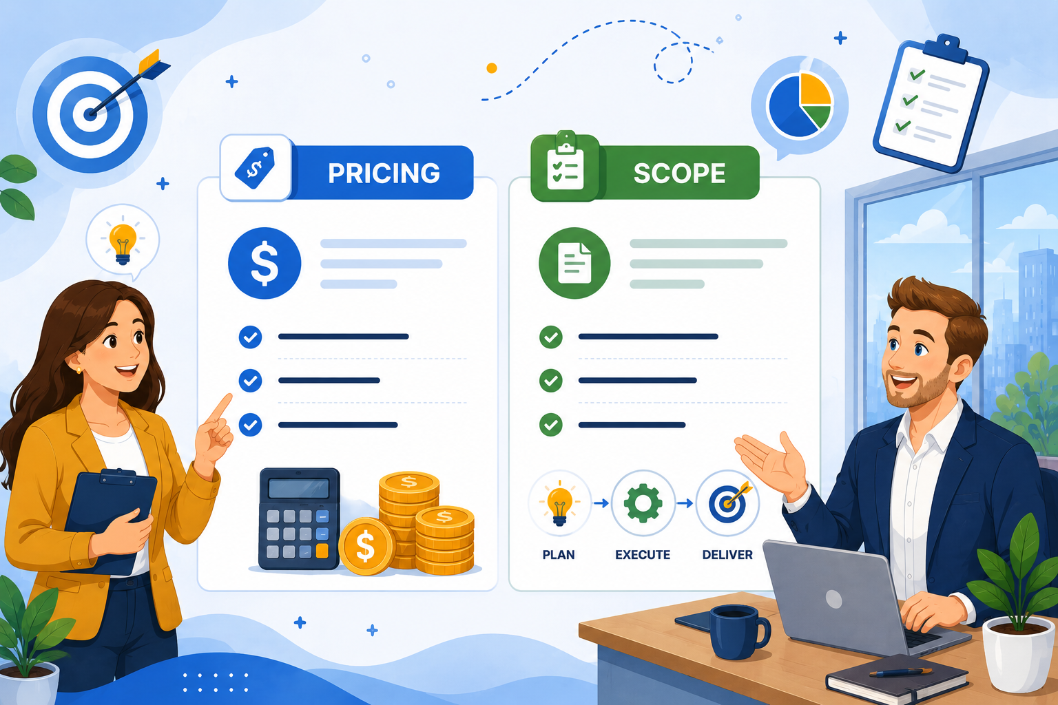 Illustration showing planning, pricing, project scope, and service delivery for accessibility and inclusion support.
