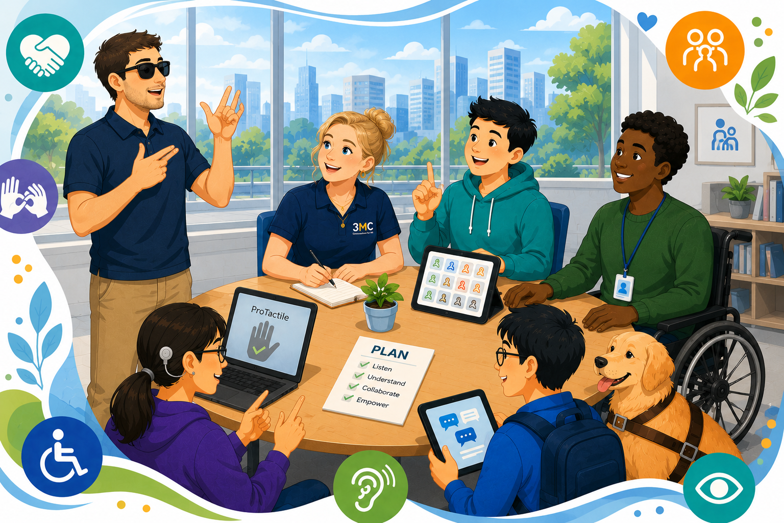 Illustration of people collaborating in an accessible support and communication planning session.