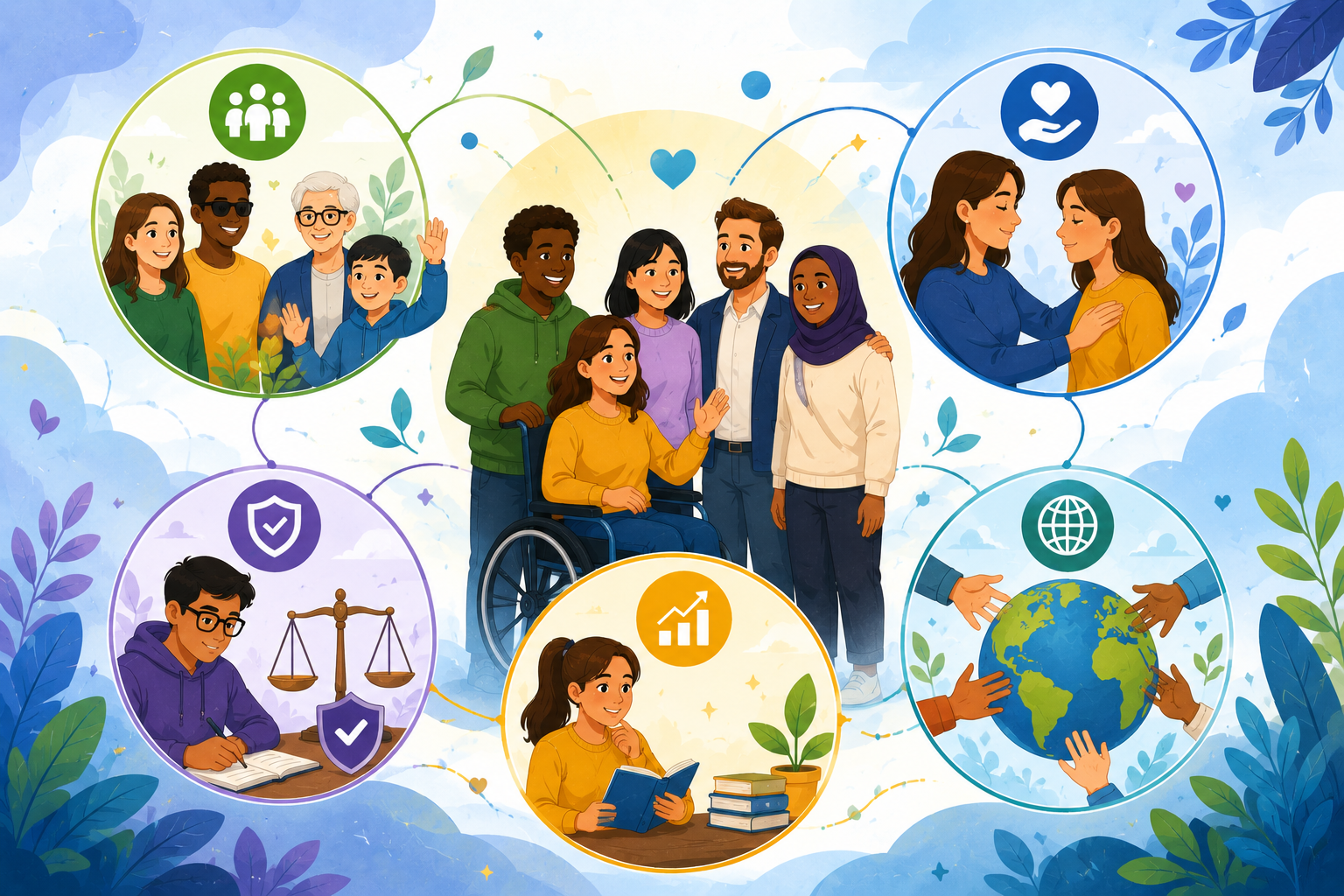 Illustration representing inclusion, compassion, growth, community, and global collaboration for people of all abilities.